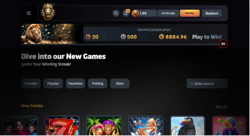 Lions Den Games Sweepstakes Casino Homepage