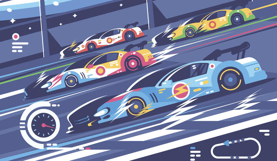 Stylized illustration of a group of cars rides on race track