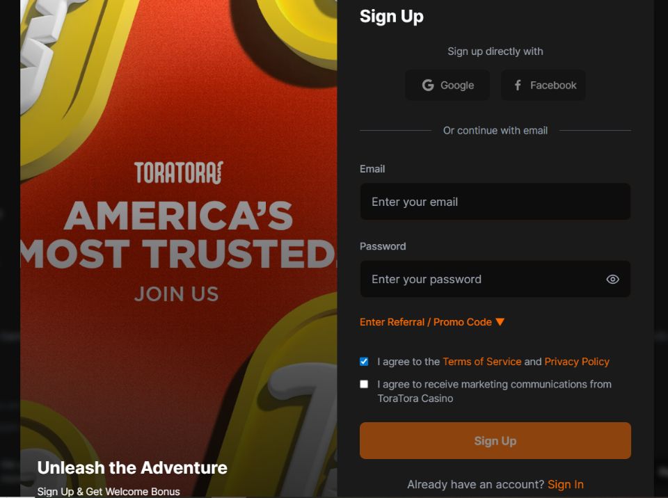 ToraTora Casino Signup Page