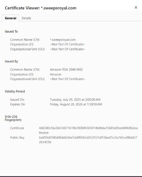 Sweeps Royal Certificate