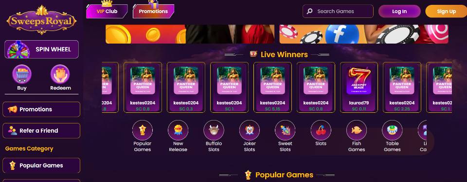 Sweeps Royal Popular Games Homepage