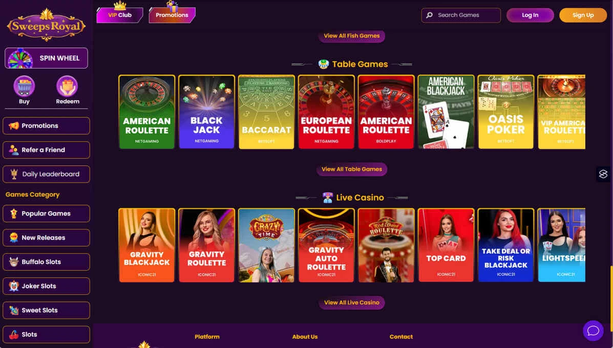 Sweeps Royal Homepage