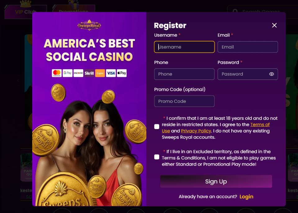 Sweeps Royal Register Screen