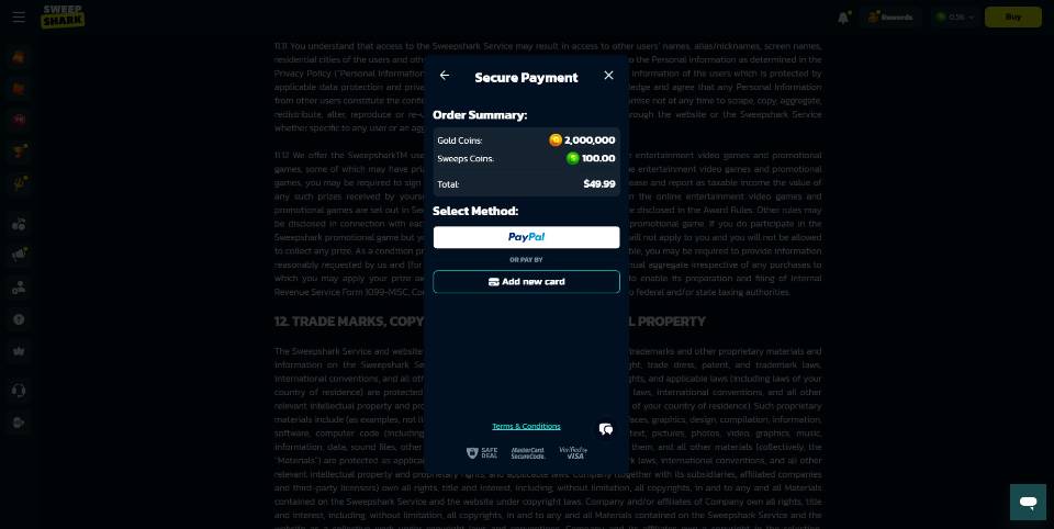 SweepShark Payments Screen