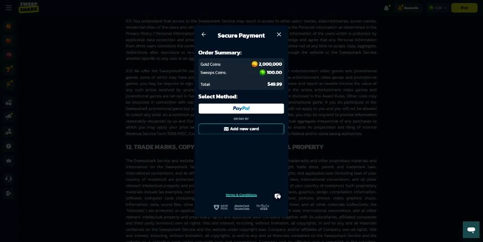 SweepShark Payments Screen