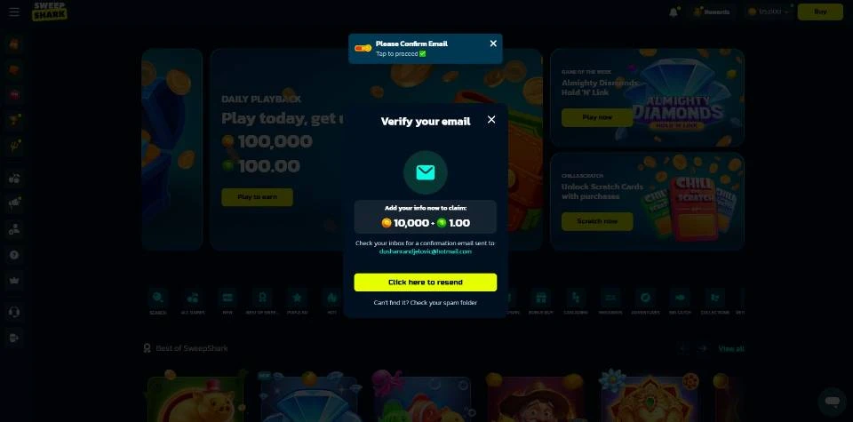 SweepShark Email Verification Screen