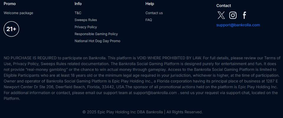 BankRolla Sweepstakes Casino Footer with ownership information