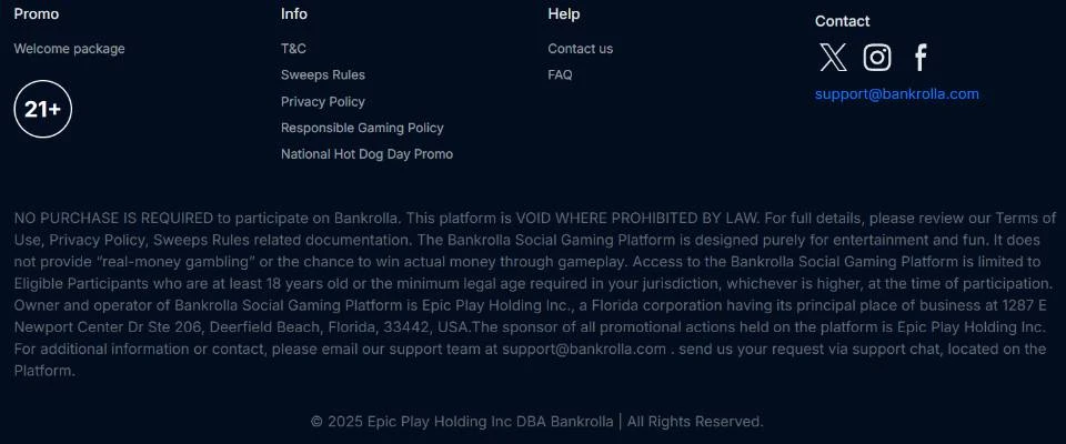 BankRolla Sweepstakes Casino Footer with ownership information