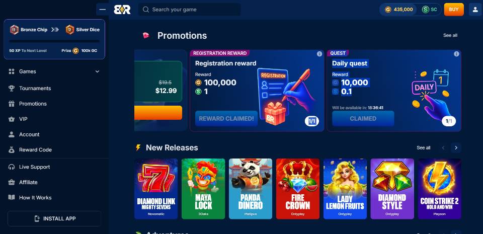 BankRolla Sweepstakes Casino Homepage