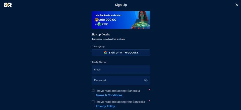 BankRolla Sweepstakes Casino Signup Screen