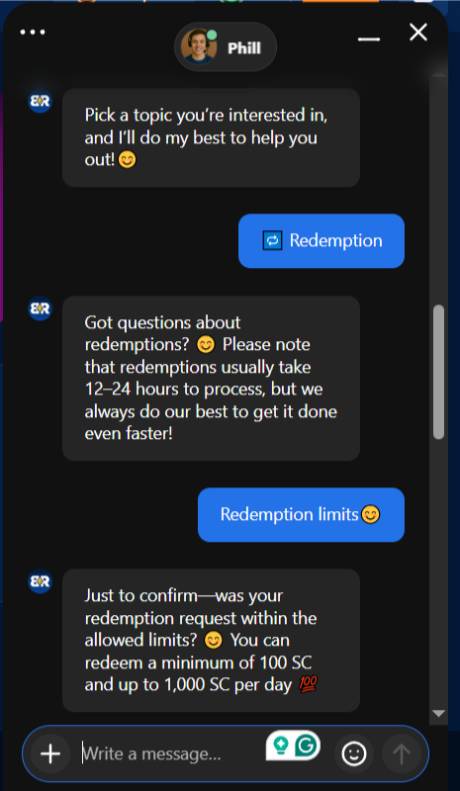 BankRolla Sweepstakes Casino Customer Support Chat