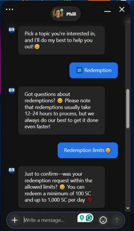 BankRolla Sweepstakes Casino Customer Support Chat