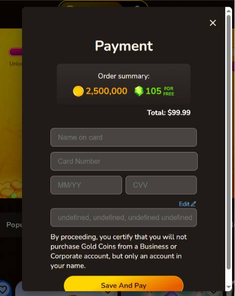 Gold Treasure Casino Payment Screen