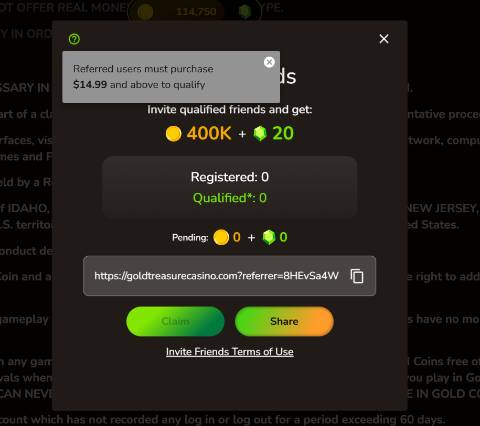 Gold Treasure Casino Referral screen