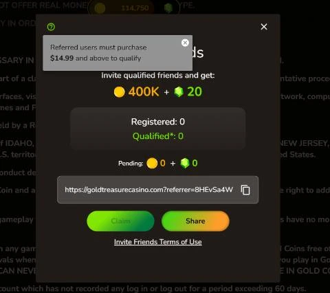 Gold Treasure Casino Referral screen