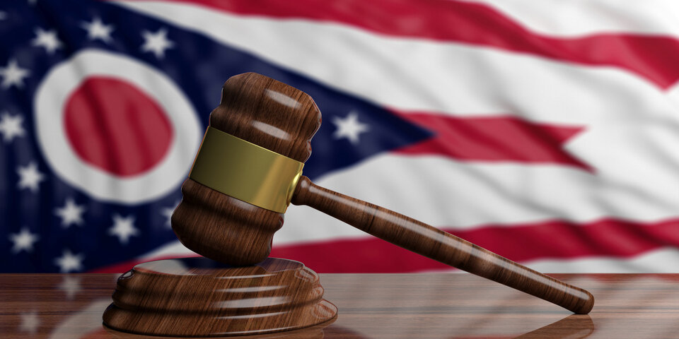 Gavel on Ohio US of America waving flag background