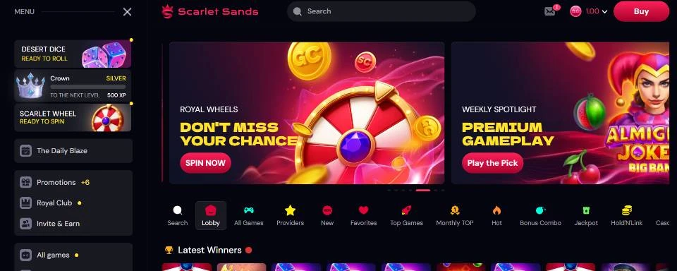 Scarlet Sands Sweepstakes Casino Homepage