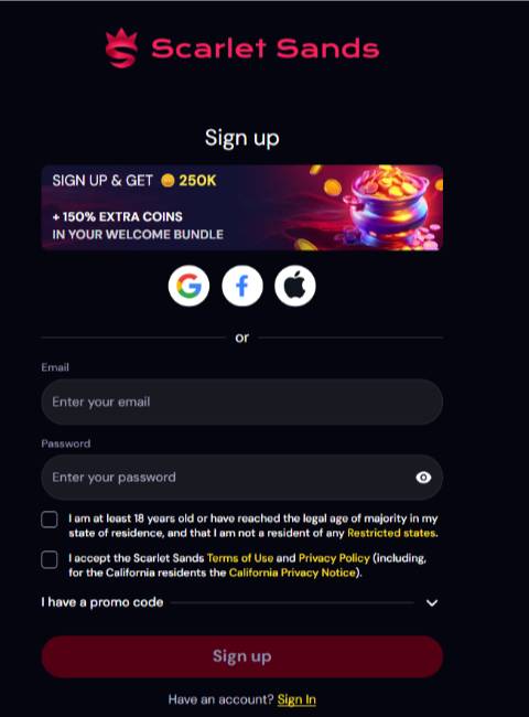 Scarlet Sands Signup Screen with no-deposit bonus