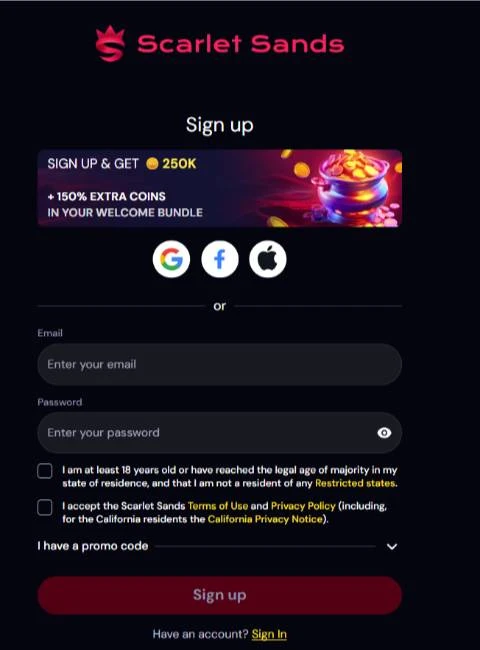 Scarlet Sands Signup Screen with no-deposit bonus
