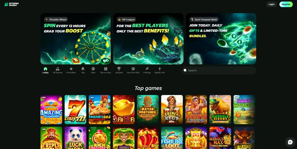 StormRush Social Casino Homepage
