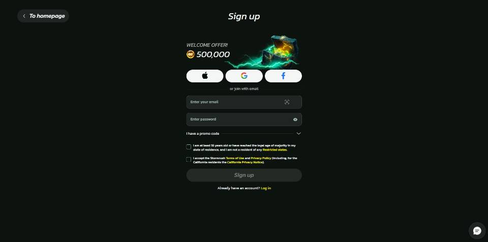 StormRush Signup Screen