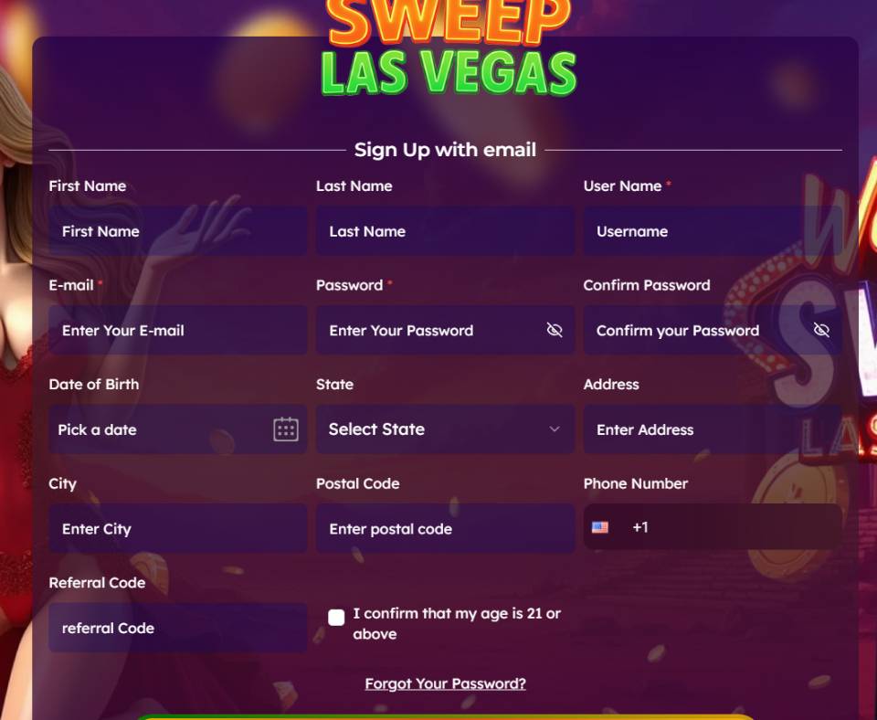 Sweep Las Vegas Casino Signup Screen