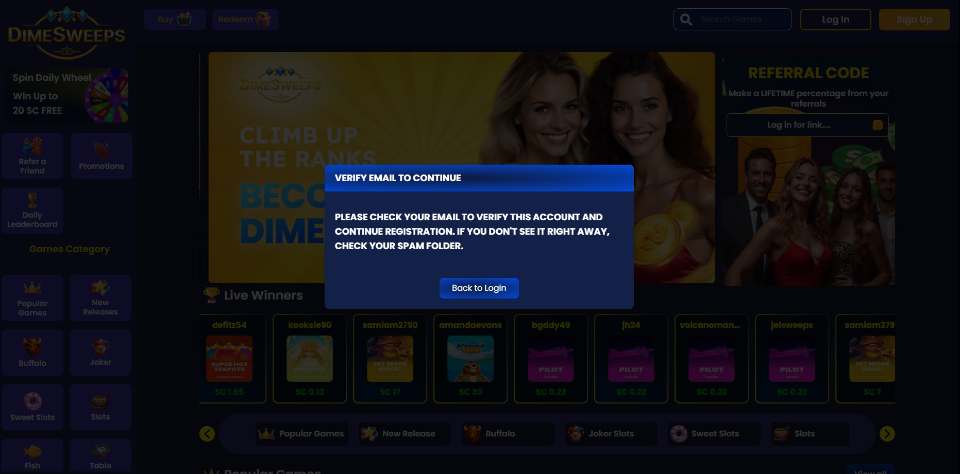 Dime Sweeps Casino Verify Email