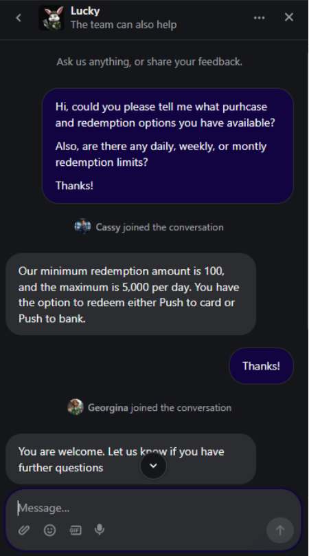 LuckyRush Casino Support Chat