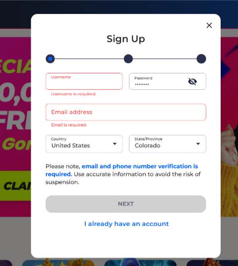 FreeSpin Casino Signup Screen