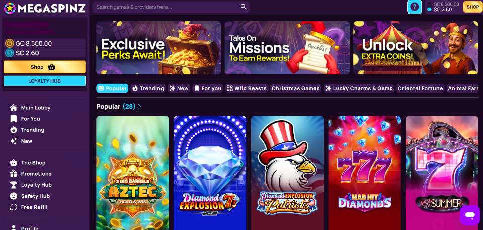 MegaSpinz Casino Homepage