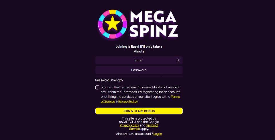 MegaSpinz Casino Join Screen