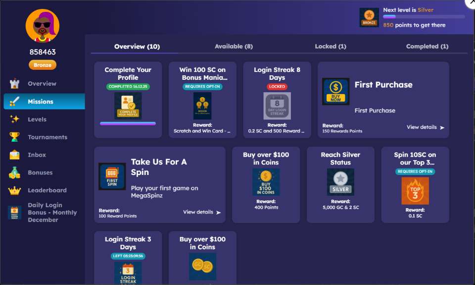 MegaSpinz Casino Missions Screen