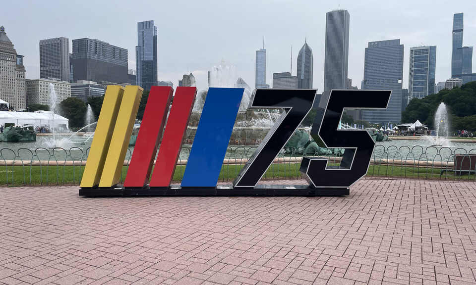 NASCAR emblem against Chicago skyline