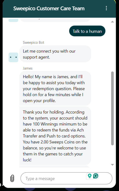 Sweepico Casino Customer Support Chat