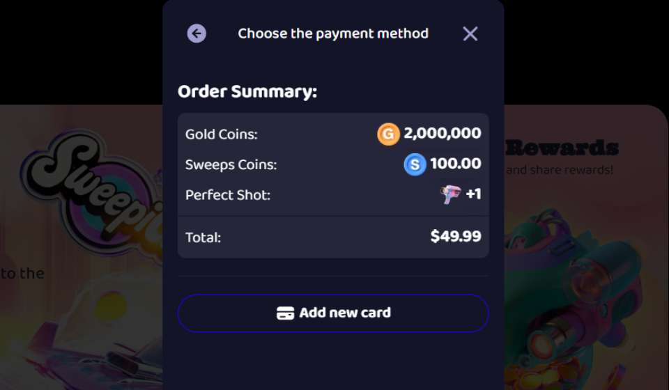 Sweepico Casino Payment Method Selection