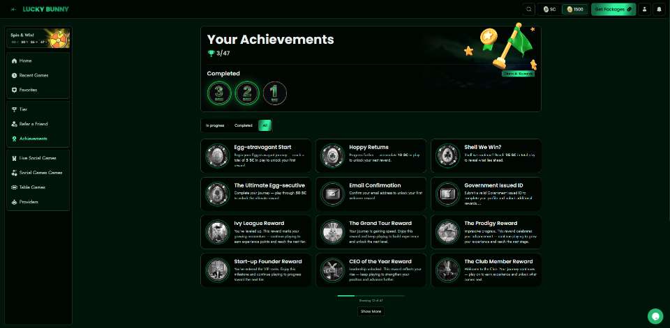 Lucky Bunny Casino Achievements