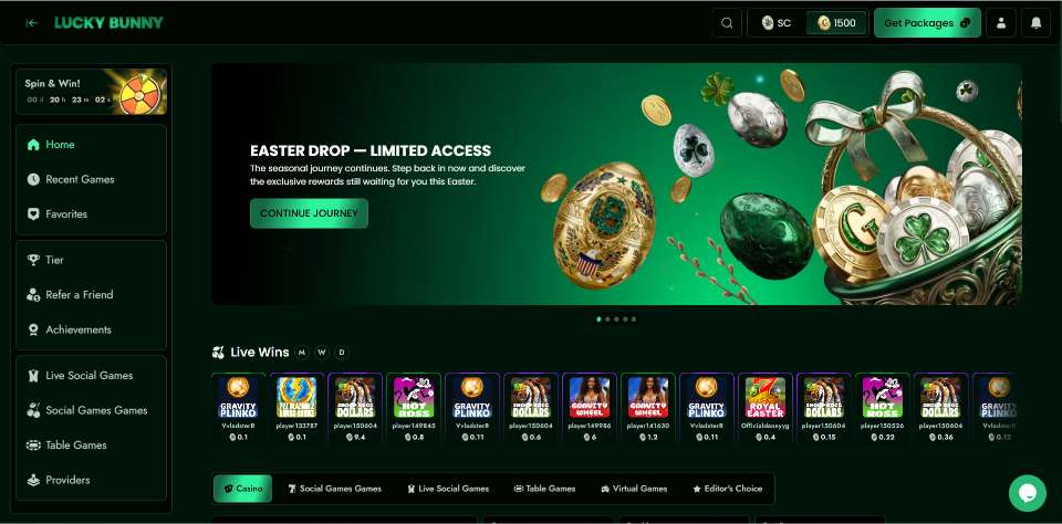 Lucky Bunny Social Casino Homepage
