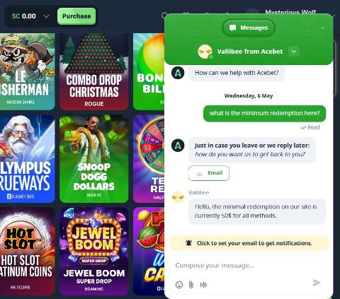 Acebet Sweepstakes Casino Chat