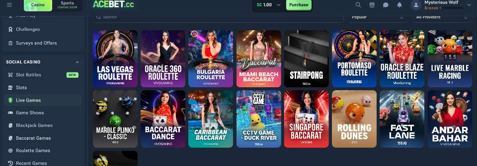 Acebet Sweepstakes Casino Live Dealer