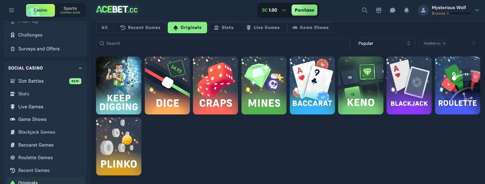 Acebet Sweepstakes Casino Original Games