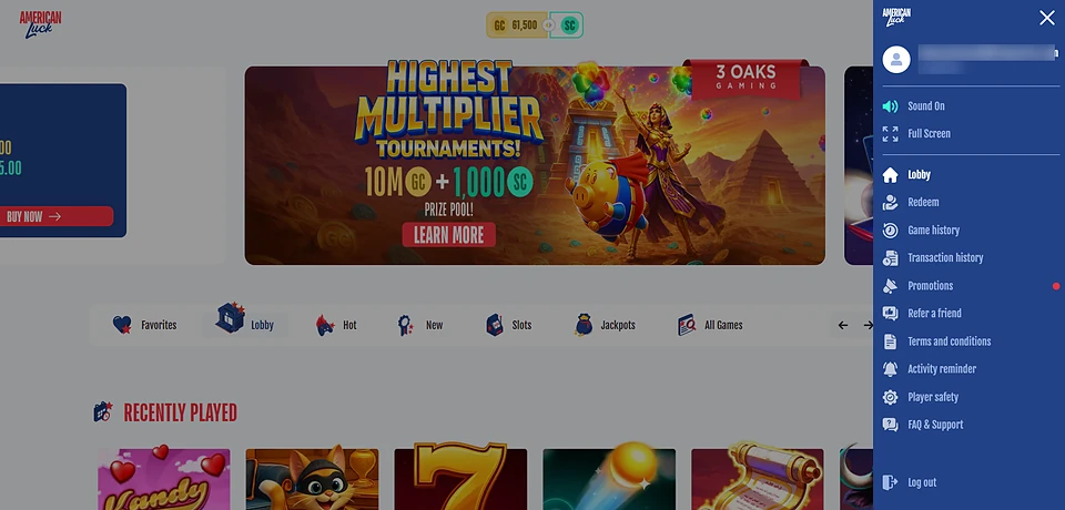 American Luck Sweepstakes Casino Account Menu