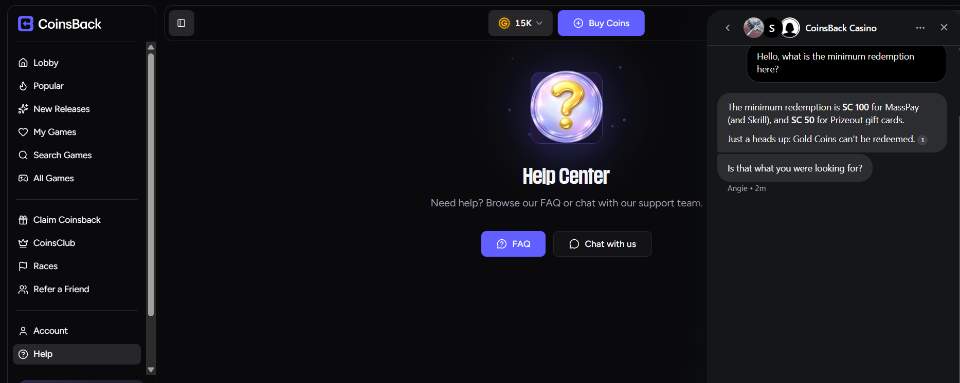 CoinsBack Casino Support