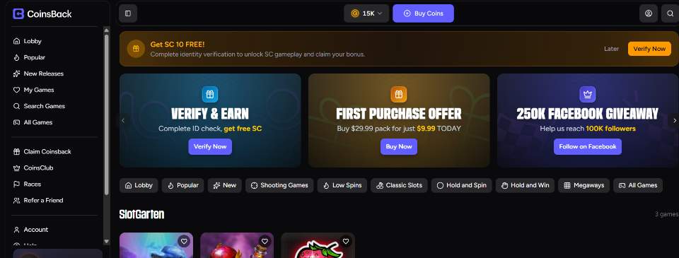 CoinsBack Casino Homepage
