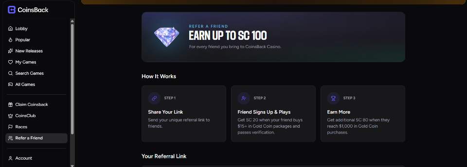 CoinsBack Sweeps Casino Refer a Friend