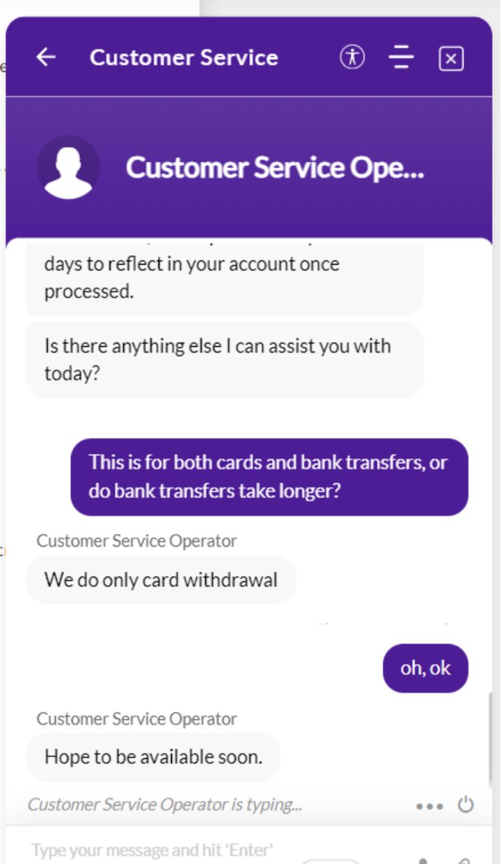 Wandando Casino Customer Service Chat Window