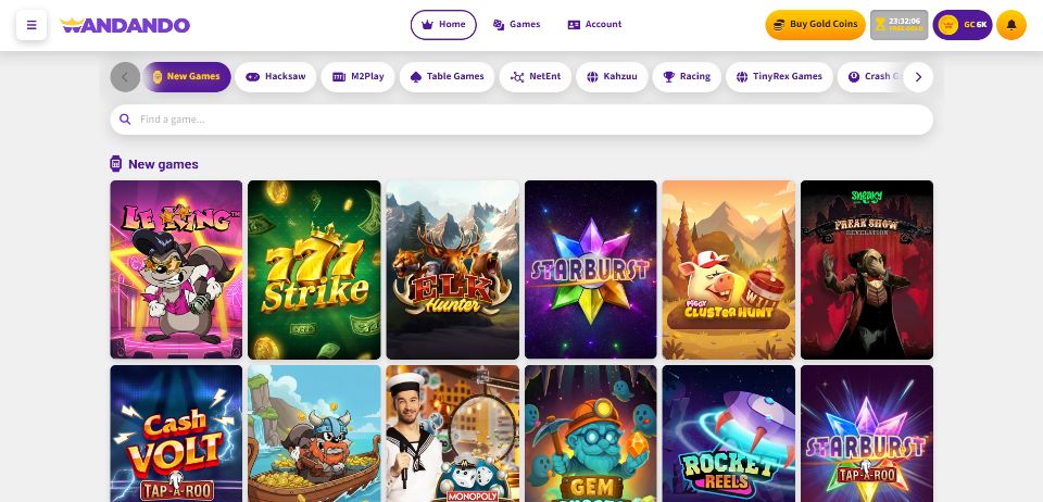 Wandando Casino Desktop Homepage Showing New Games