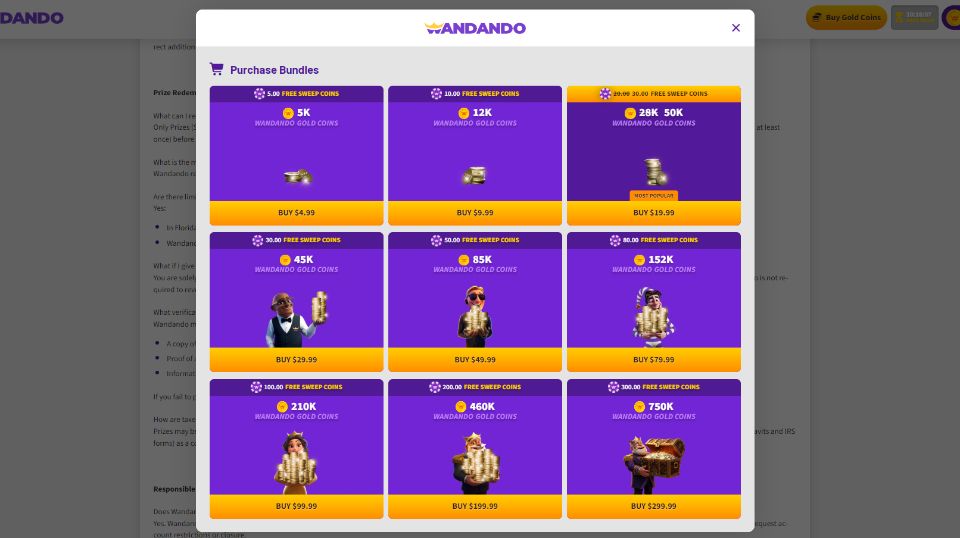 Wandando Casino Purchase Bundles