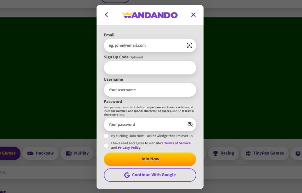 Wandando Casino Signup