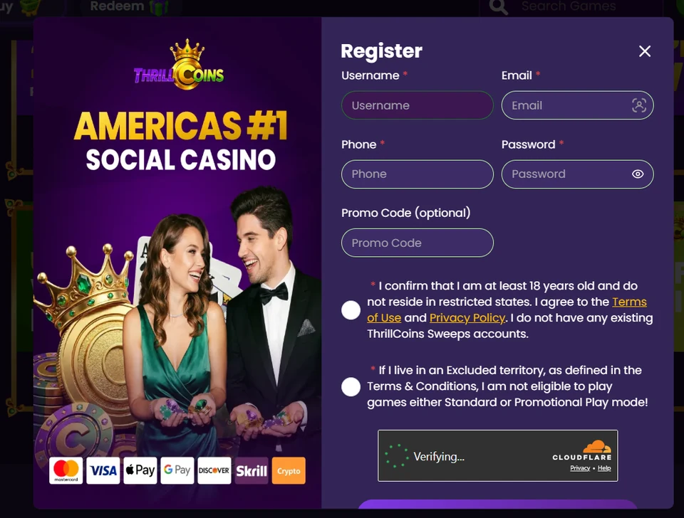 Thrill Coins registration form showing account fields and eligibility confirmations