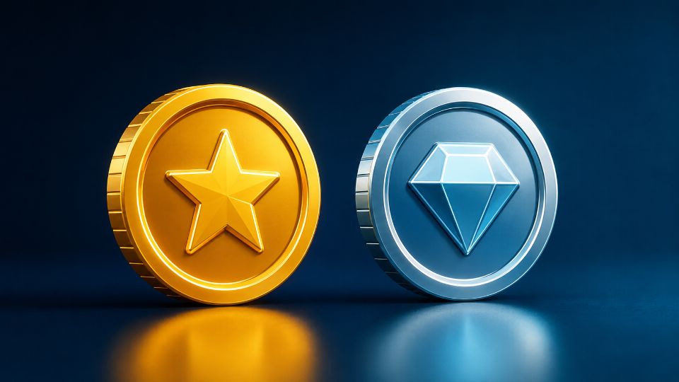 Gold prize coin beside a silver play-only coin needed to get $200 no deposit bonus + 200 free spins